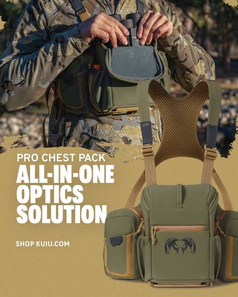 This image ad showcases the KUIU Pro Chest Pack, designed as an all-in-one optics solution for outdoor enthusiasts. The 