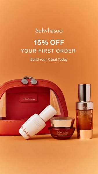 This ad promotes Sulwhasoo skincare products by offering 15% off the first order and encourages customers to start their