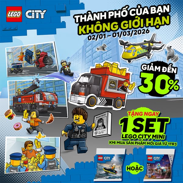 This image ad promotes LEGO City with a discount and a free set offer. The ad features various LEGO City sets and charac