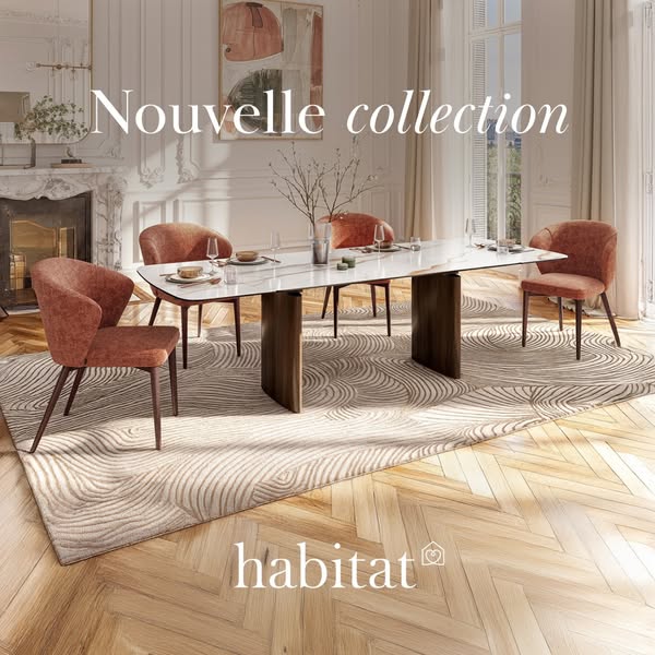 This image ad showcases Habitat's new furniture collection, featuring a dining table and chairs set in a stylishly d