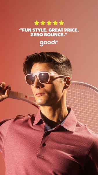 This image ad for Goodr sunglasses features a man wearing pink Goodr sunglasses and holding a tennis racket. The ad high
