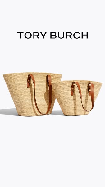 An ad featuring two straw bags with leather handles. The brand name TORY BURCH is at the top of the image.