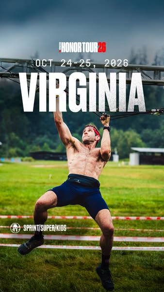 This image ad for the Spartan Honor Tour 2026 features a man hanging from a metal structure, conveying the challenge and