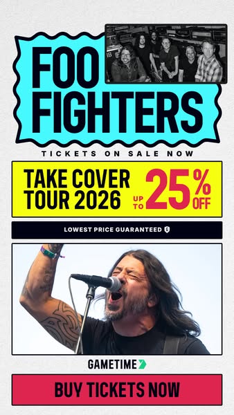 This ad promotes a concert tour by the band Foo Fighters, offering a discount on tickets purchased through Gametime.