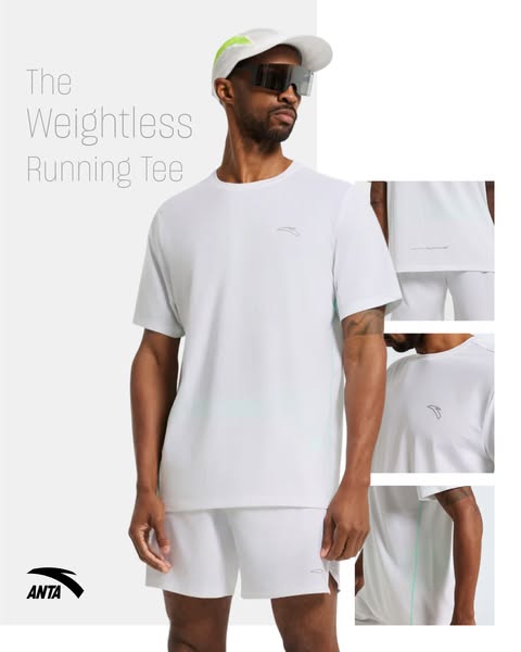 This ad showcases a male model wearing athletic apparel from ANTA, highlighting the weightless feel of the clothing. The