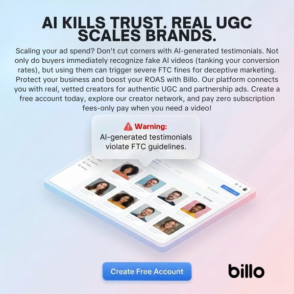 This image ad by Billo warns viewers about the dangers of using AI-generated testimonials, including the risk of FTC fin
