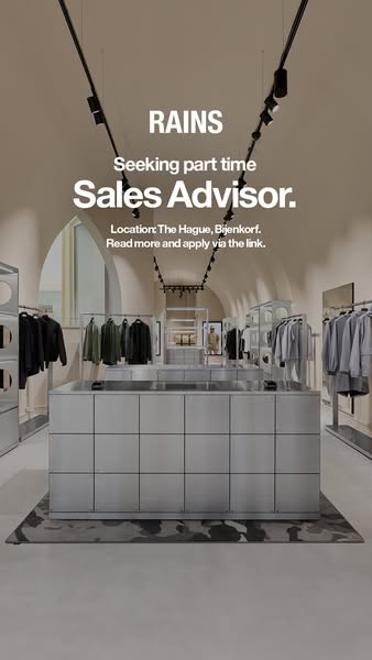 This ad is seeking a part-time sales advisor for RAINS at The Hague, Bijenkorf location.