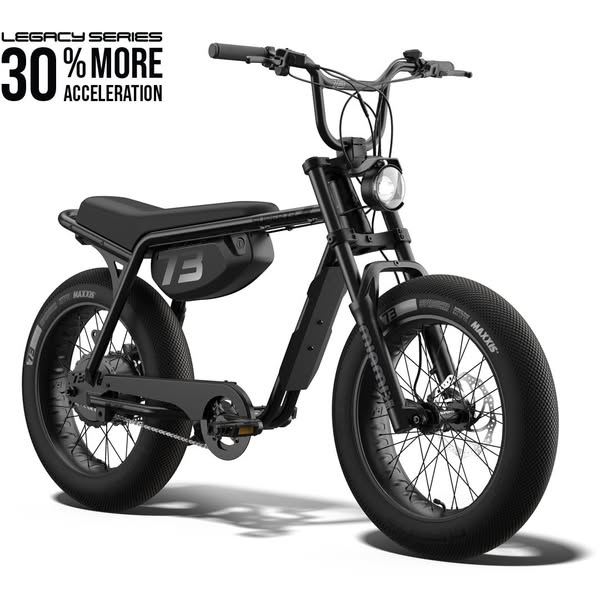 This ad showcases the features of the Legacy Series e-bike, highlighting its 30% more acceleration.