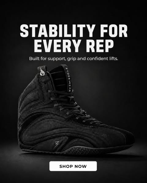This ad showcases Ryderwear weightlifting shoes. The ad focuses on a single product image with text highlighting the sho