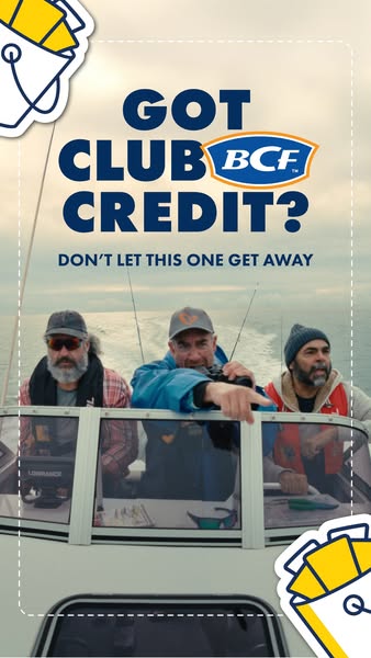 This image ad is for BCF, advertising their Club BCF credit to consumers and the benefits of it. The ad shows three men 