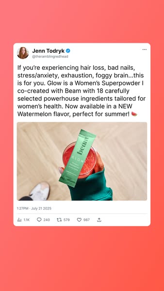This ad takes the form of a screenshot from a social media website showing a user's post describing the Beam Glow pr