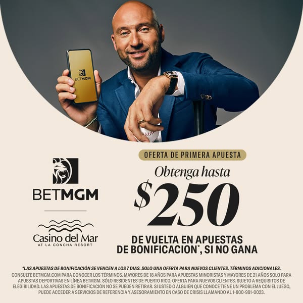 An ad for BetMGM featuring spokesperson Derek Jeter, promoting an offer to get up to $250 back in bonus bets if your fir