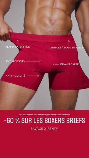 This ad showcases Savage X Fenty boxer briefs, highlighting their features such as stretchable jersey, logo embossed wai
