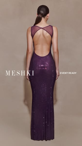 This ad showcases a woman wearing a long, dark purple sequin dress with an open back. The brand name "MESHKI" 