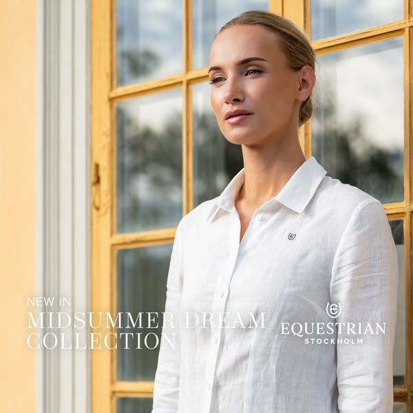 This ad features a model wearing a white Equestrian Stockholm shirt in front of a yellow door. The ad promotes the new M