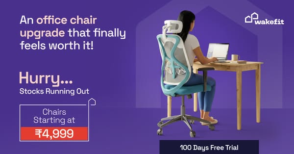 Wakefit promotes an office chair as an upgrade for home offices. The chair is shown, along with the price, a free trial,