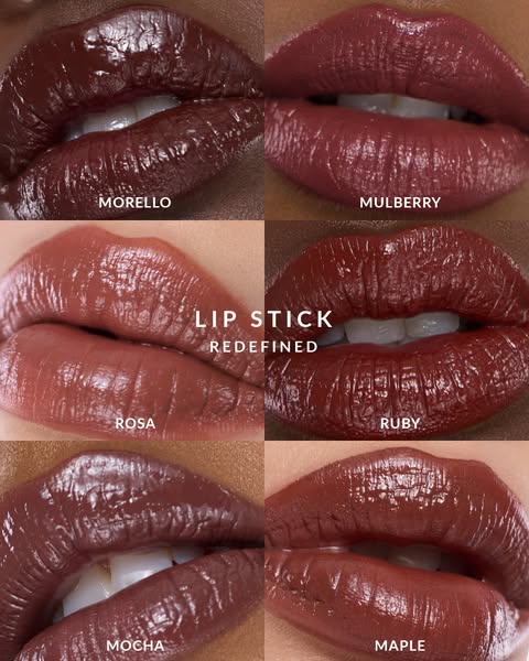A close-up product display image showcases lipsticks in six different shades.