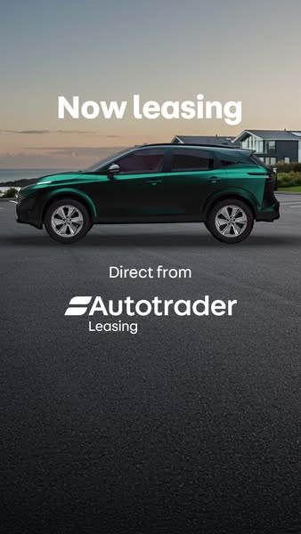 A landscape shot of a teal SUV set in front of a house, with text indicating it is available for leasing directly from A