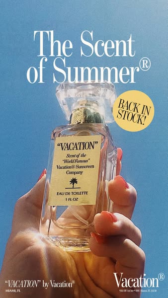This ad showcases Vacation Eau de Toilette, presented as the scent of summer, with a retro aesthetic and emphasis on the