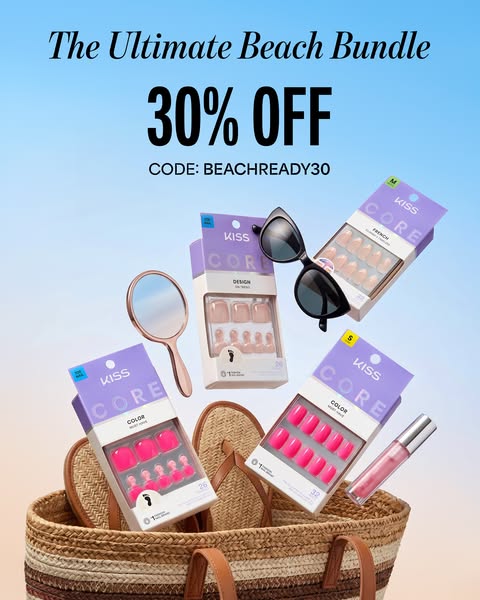 This image advertises a 'Beach Bundle' sale for Kiss brand artificial nails, featuring multiple nail kits and a 