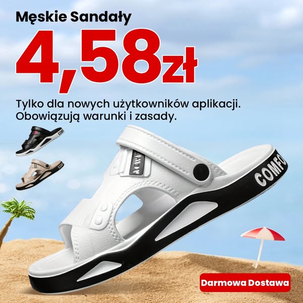 This image ad advertises men's sandals at a promotional price for new app users with free shipping. The ad features 