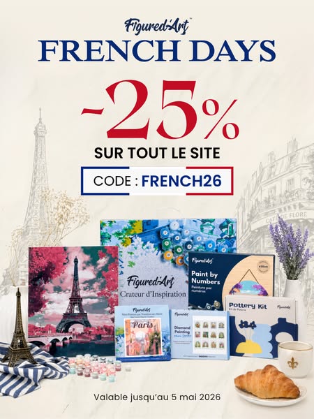 This image ad by Figured Art promotes a site-wide sale of 25% off with code FRENCH26. Several DIY art kits are featured 