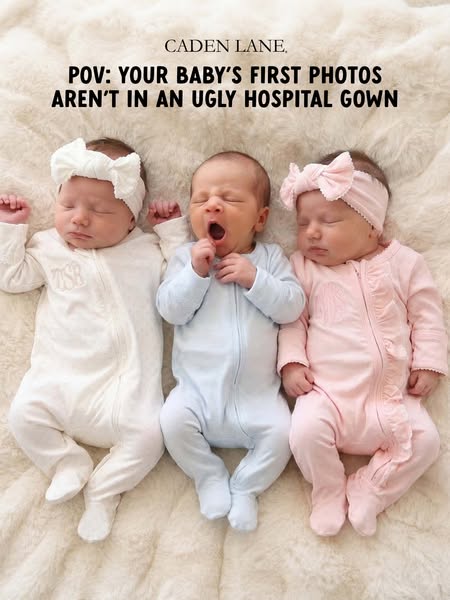 Image showing 3 newborn babies in different colored onesies laying on a fluffy white blanket with an overlaid text promo
