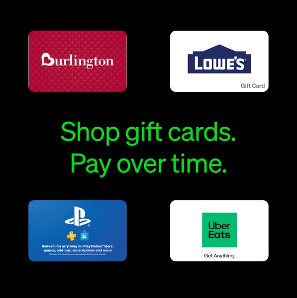 This ad features gift cards from Burlington, Lowe's, Playstation, and Uber Eats, and invites the viewer to shop gift