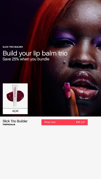 A close up of a face is featured in this ad. The model has a lip balm on her lips. An inset image of a lip balm is in th