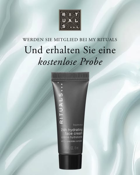 This ad for Rituals shows a sample size container of face cream for men against a softly textured background. It invites