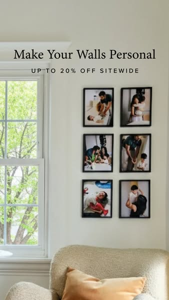 An advertisement featuring six family photos hanging on a wall, promoting a sale on personalized wall art.