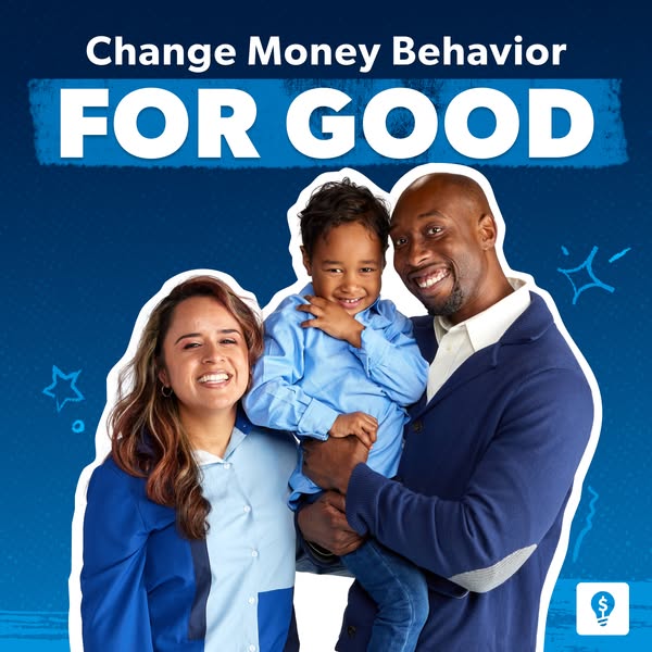 This ad features a family of three smiling against a blue background. The ad encourages viewers to change their money be