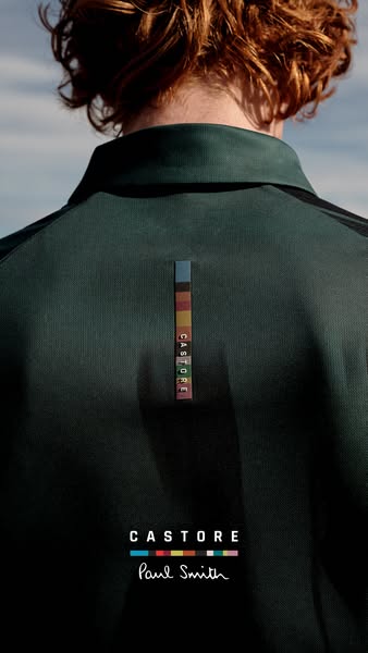 This ad features a dark green polo shirt designed by Castore in collaboration with Paul Smith, targeting fashion-conscio