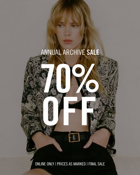 This ad showcases a woman modeling clothing from the brand's archive collection, promoted with a substantial 70% dis