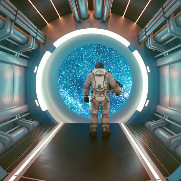 An image ad features an astronaut standing in a futuristic-looking corridor with a view of space through a circular port