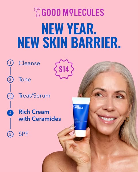 This ad for Good Molecules promotes a new skin barrier with a 5-step routine. The ad features a woman holding the Rich C