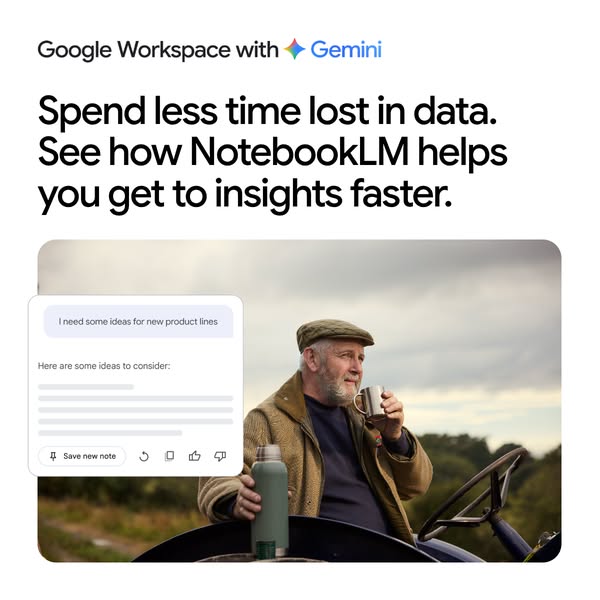 The ad promotes Google Workspace with Gemini, specifically the NotebookLM feature, by highlighting its ability to help u