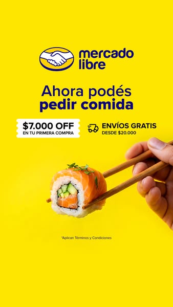 This Mercado Libre ad uses a sushi roll held by chopsticks to promote the brand's food delivery services. It offers 