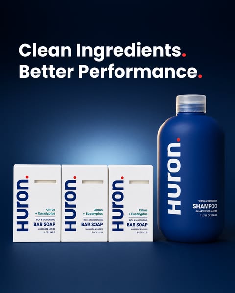 This ad showcases Huron shampoo and bar soap with a focus on clean ingredients and better performance.