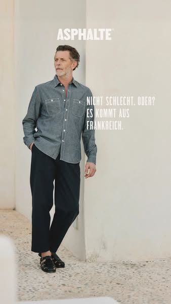 This ad showcases Asphalte clothing, presenting a man in a button-down shirt and dress pants with the message that the b