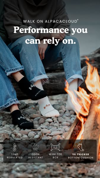 This ad for AlpacaCloud socks highlights their performance benefits through visuals of a relaxing fireside moment. The c