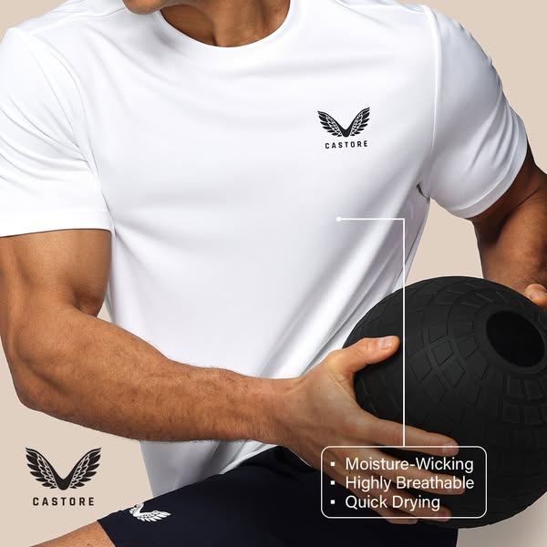 This ad showcases a man in athletic attire, featuring a white t-shirt and black shorts from the brand Castore. The ad hi