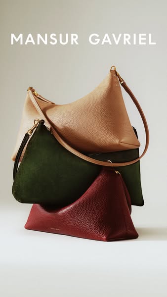 This ad features a stack of three Mansur Gavriel bags in different colors. The ad showcases the brand name and the bags 