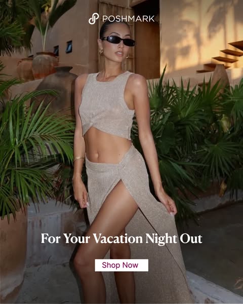 This Poshmark ad showcases a woman in a gold-toned two-piece outfit, promoting the platform for vacation night-out attir
