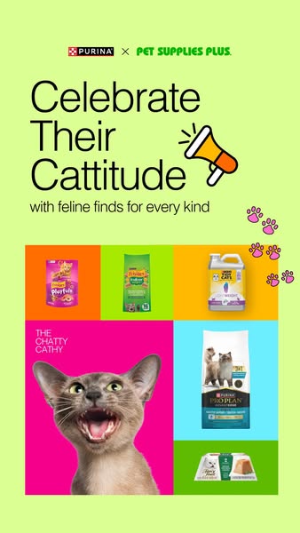 This ad promotes Purina and Pet Supplies Plus, showcasing the brands celebrating cats and their unique personalities wit