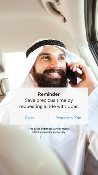 This ad for Uber features a man in traditional Middle Eastern clothing inside of a car, presumably an Uber. A pop-up not