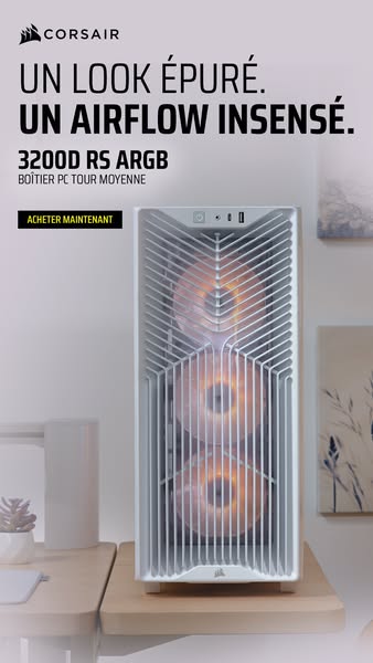 This image ad showcases the Corsair 3200D RS ARGB PC case, emphasizing its sleek design and impressive airflow. The ad i