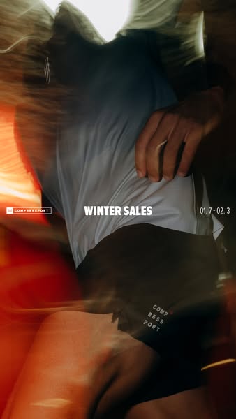 This ad promotes Compressport's winter sales event. The ad features a blurred image of a person wearing Compressport