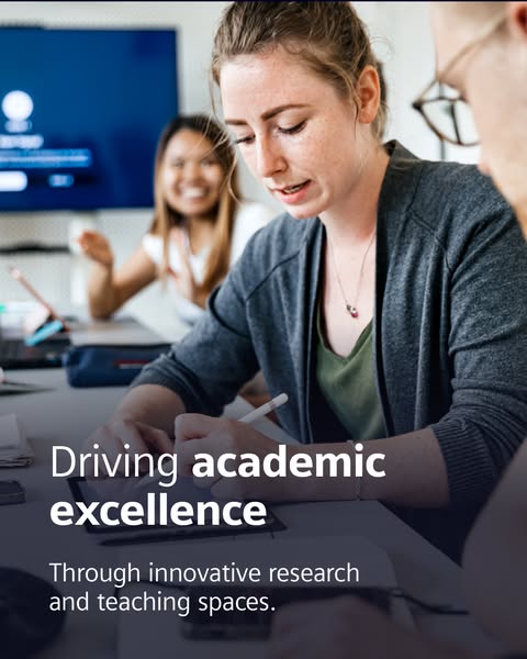 This ad promotes academic excellence through innovative research and teaching spaces, featuring a group of students work