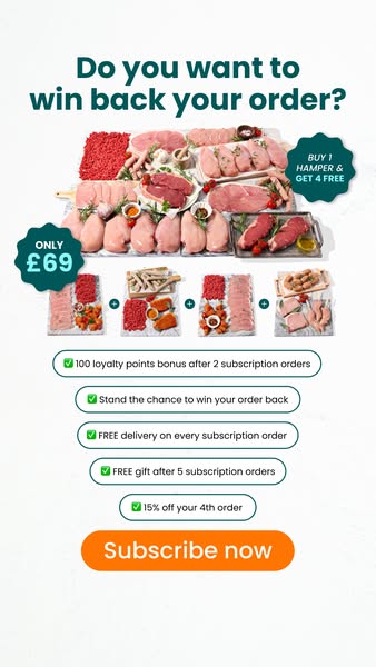 This ad promotes a meat hamper subscription service. The ad features an image of a selection of fresh meat products incl